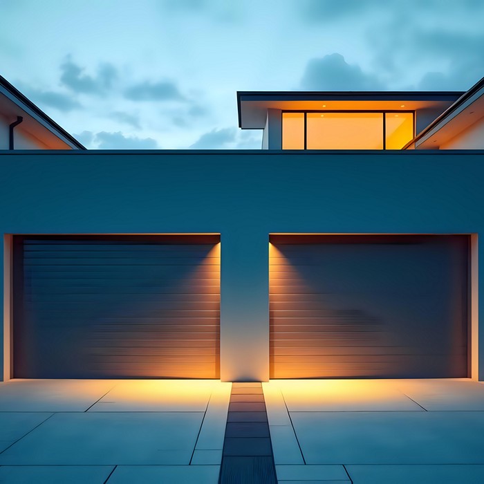 New modern garage door with automated opening system installed at a home